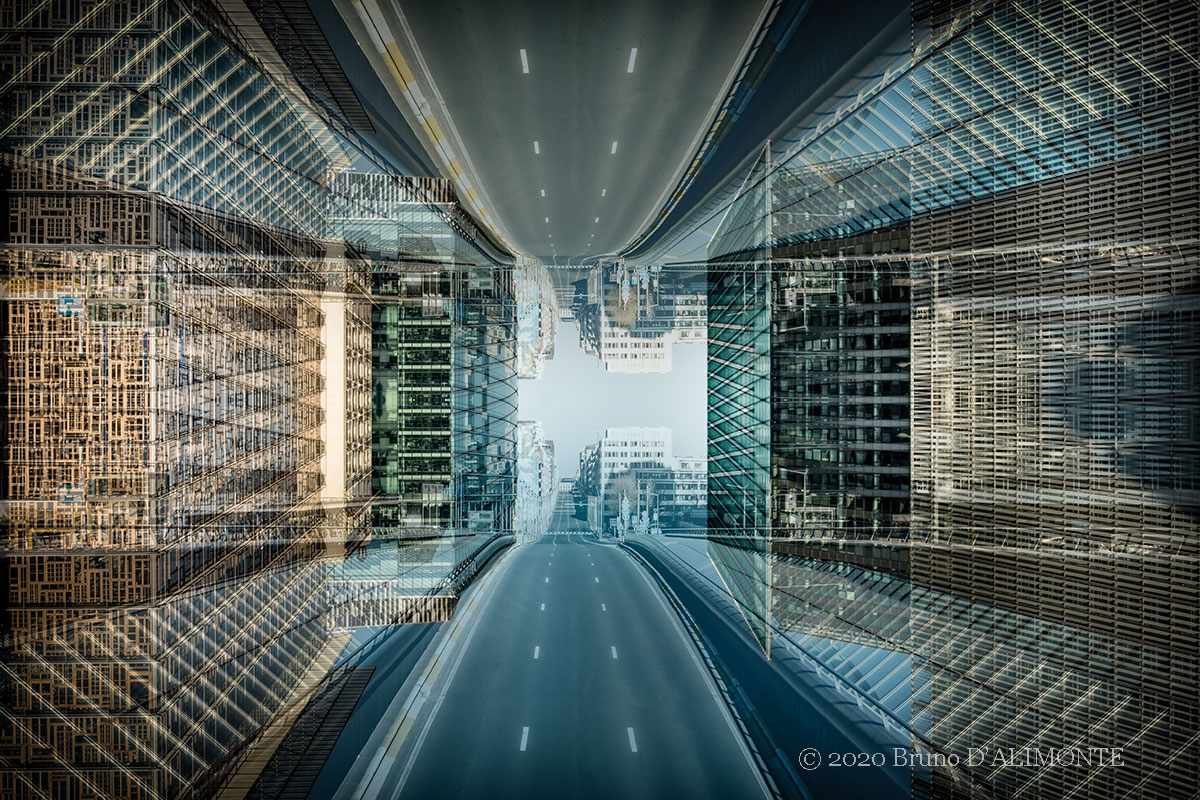 photographie de Bruno D'Alimonte du quartier européen de Bruxelles vu de façon abstraite et futuriste en couleur. 